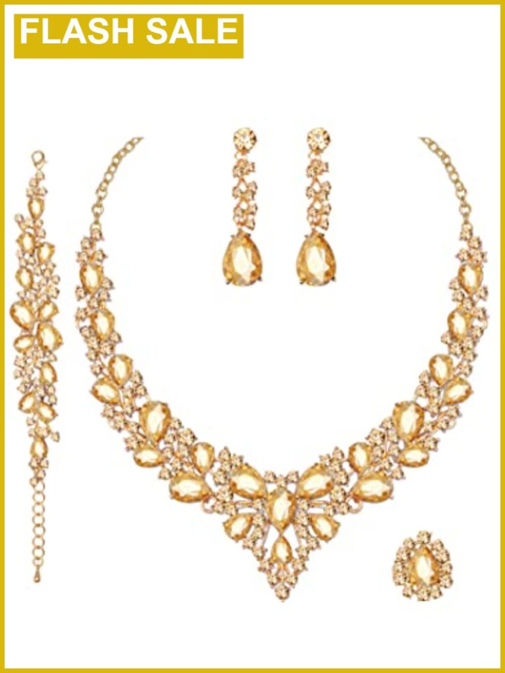 Crystal Costume Jewelry Set Adjustable Necklace Earrings Bracelet Ring